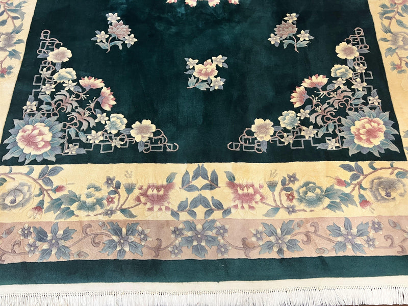 Chinese Art Deco Rug 9x12, Wool Hand Knotted Vintage Carpet, Dark Green & Cream, 90 Line Carving Rug by Jewel Rugs