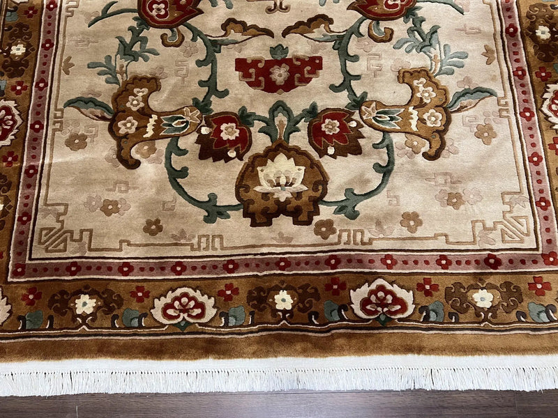 Chinese Wool Rug 5.9 x 9, Tan and Brown Asian Art Deco Carpet, Vintage 1960s Oriental Rug, Hand-Knotted Rug, Soft Wool, Medallion, Pair B by Jewel Rugs