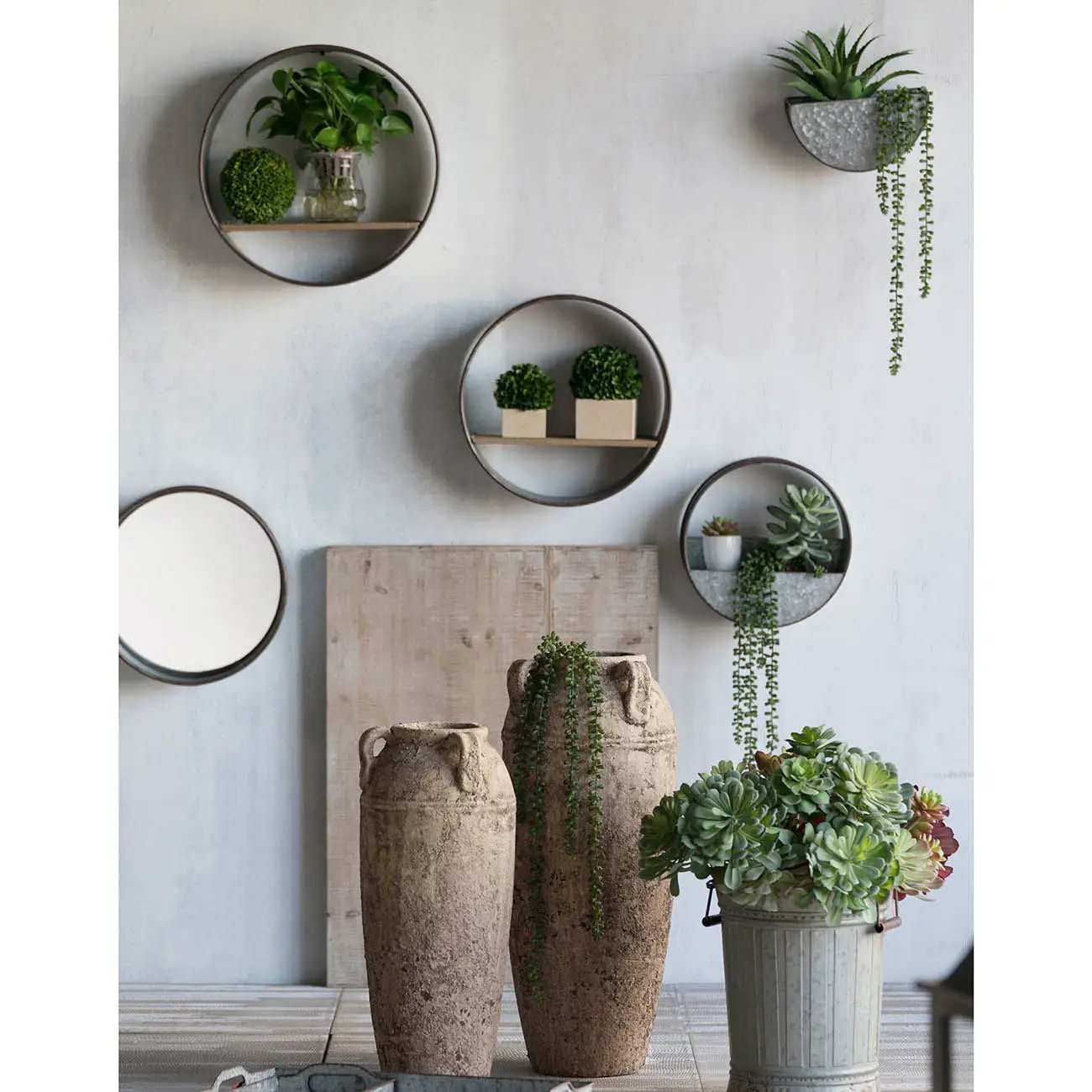 Farmhouse Round Metal Wall Planter (Set of 5) - Gray by Unique Piece Furniture