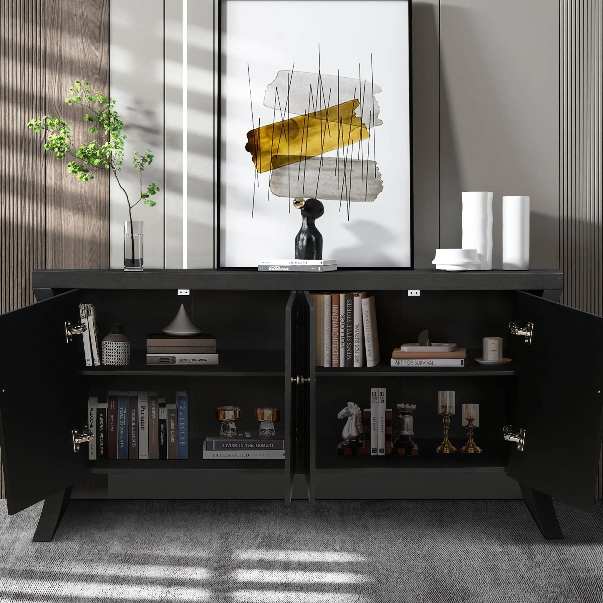 Refined Industrial 4 Door Credenza With Arc Legs & Clasps by HouseOfZazla