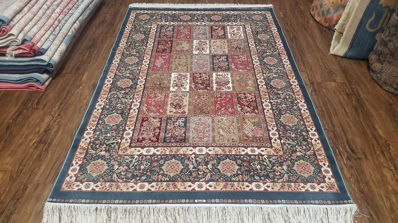 Silk Carpet 4x6 Blue, Panel Design, Four Seasons Pattern, Super Fine & Soft, Bamboo Silk, 4 x 6 Oriental Area Rug, High Quality, New Rug by Jewel Rugs