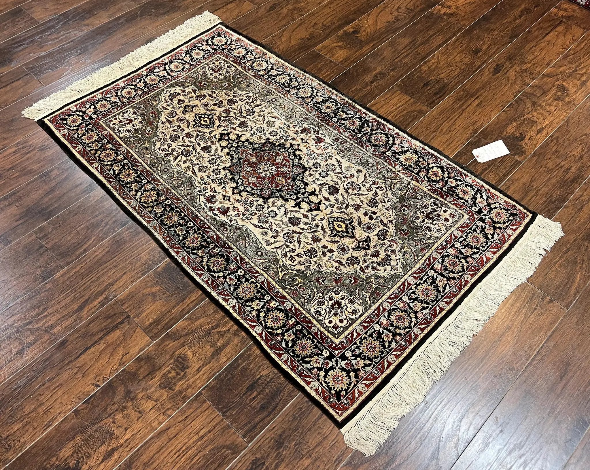 Silk Sino Persian Rug 3x5, Floral Medallion, Hand Knotted Silk Pile Silk Foundation, Traditional Silk Handmade Oriental Carpet, Cream Black by Jewel Rugs