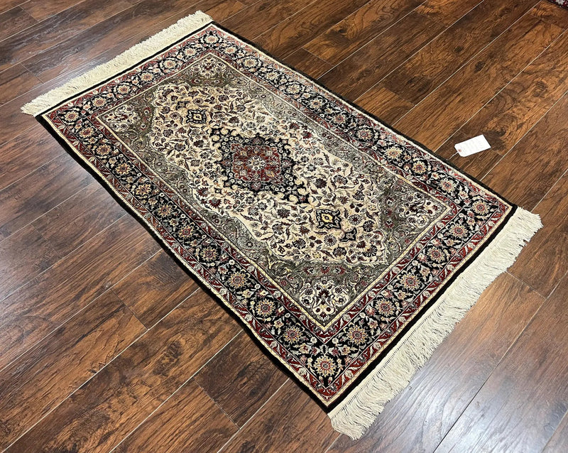Silk Sino Persian Rug 3x5, Floral Medallion, Hand Knotted Silk Pile Silk Foundation, Traditional Silk Handmade Oriental Carpet, Cream Black by Jewel Rugs