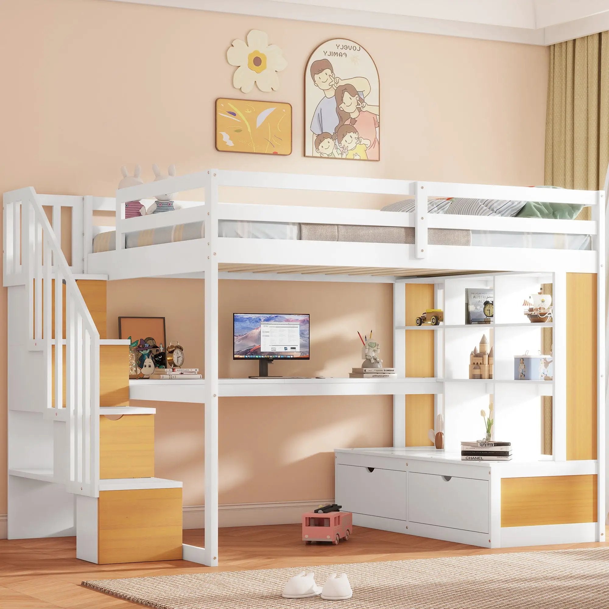 Full Size Loft Bed With Desk And Shelves, 2 Built In Drawers, Storage Staircase - Natural / White by Unique Piece Furniture