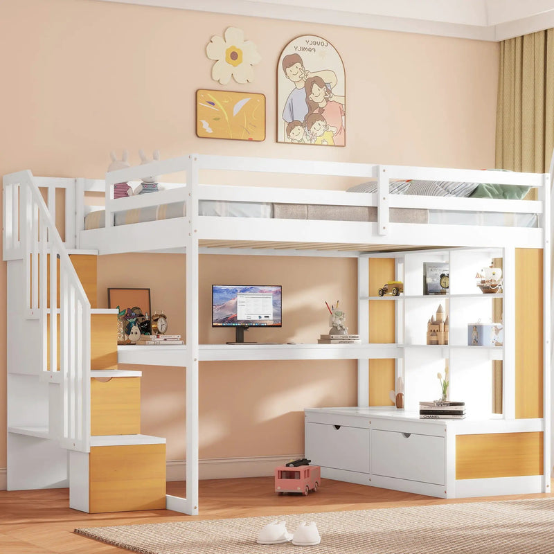 Full Size Loft Bed With Desk And Shelves, 2 Built In Drawers, Storage Staircase - Natural / White by HouseOfZazla