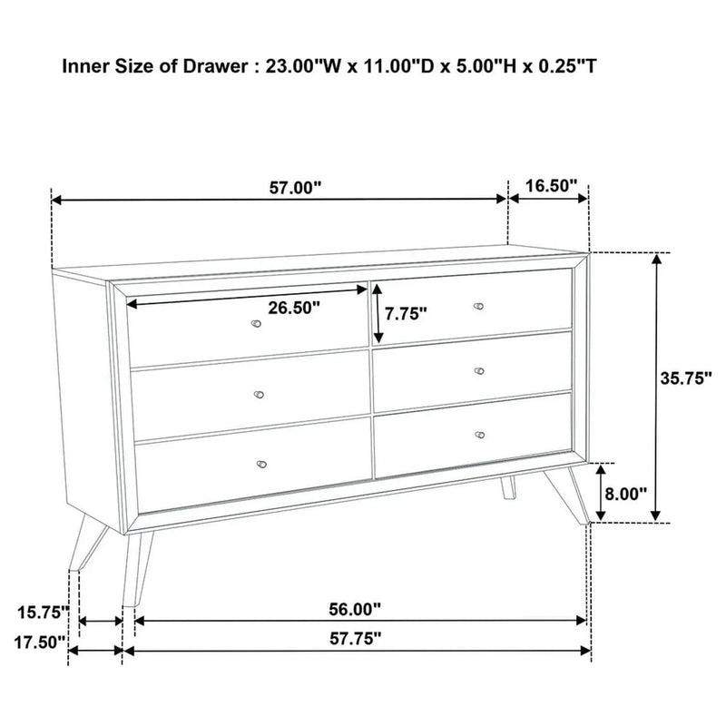 1 Piece Dresser With Angled Legs, Wave Texture And Round Knobs - White