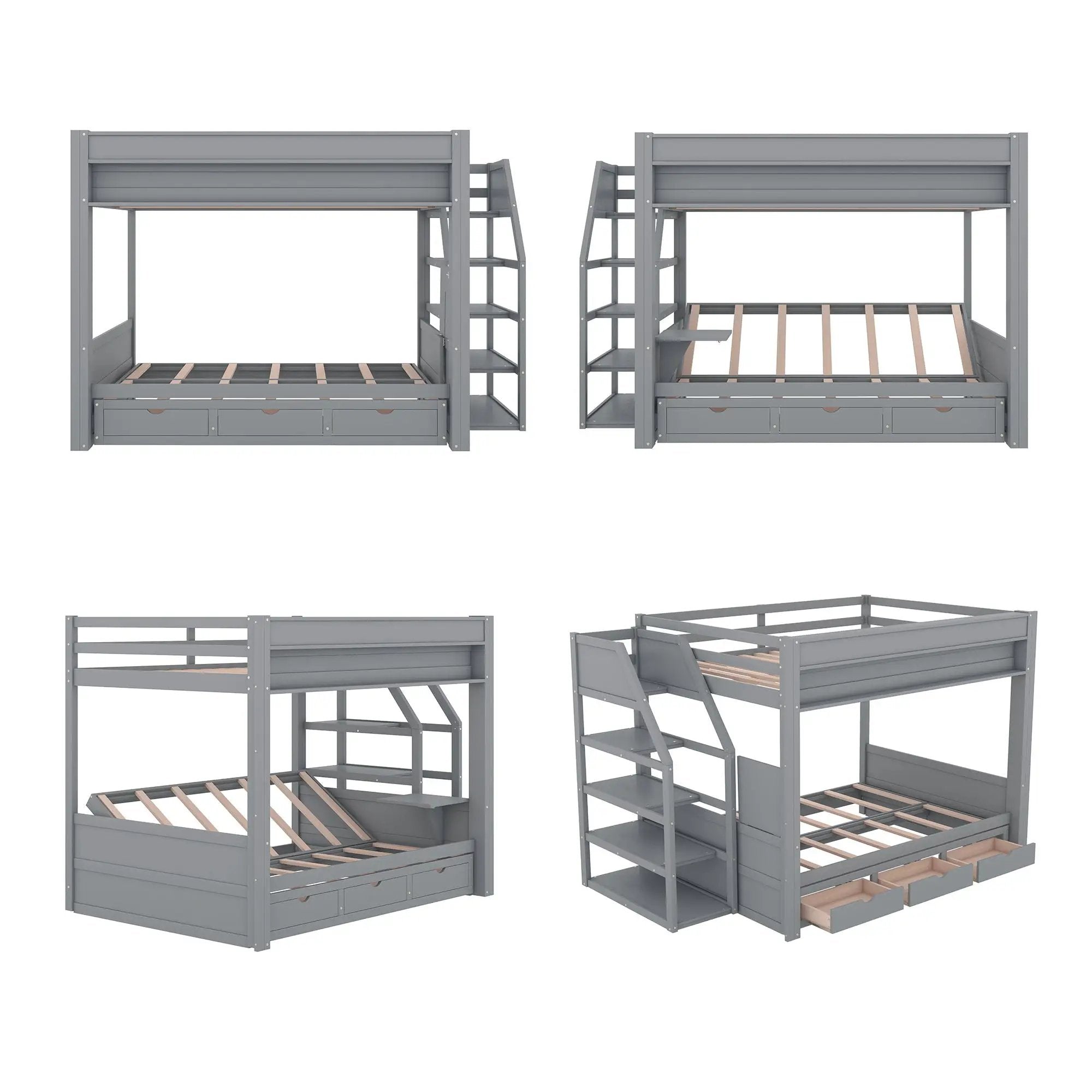 Wood Full Size Convertible Bunk Bed With Storage Staircase, Bedside Table, And 3 Drawers - Gray by Unique Piece Furniture