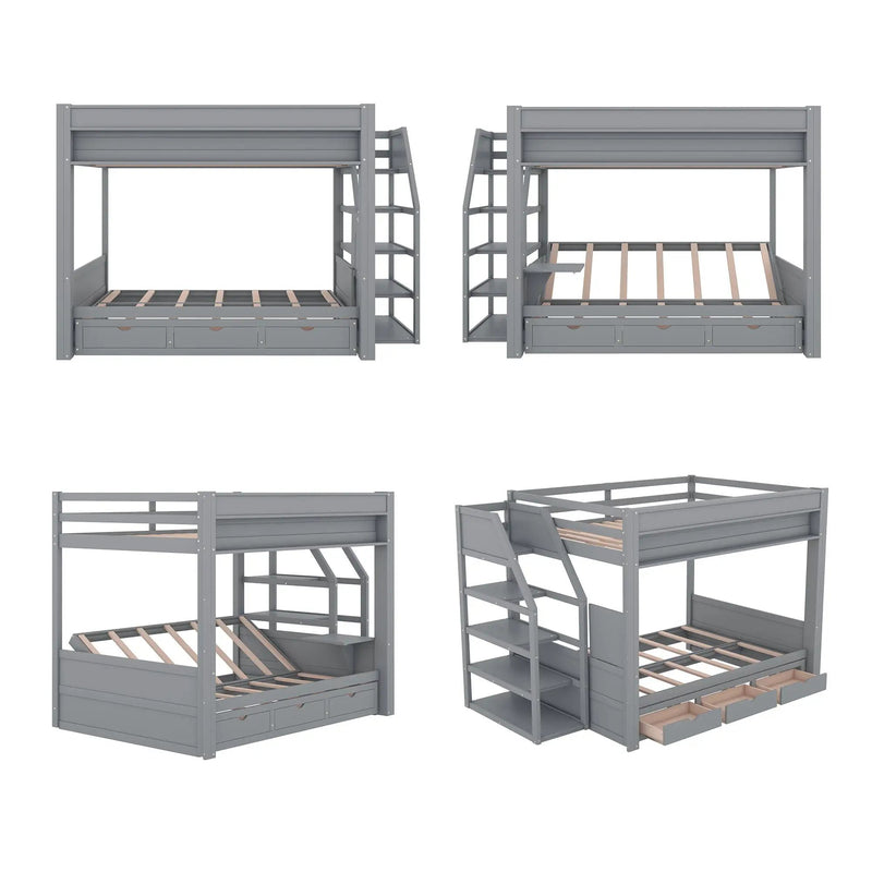 Wood Full Size Convertible Bunk Bed With Storage Staircase, Bedside Table, And 3 Drawers - Gray by Unique Piece Furniture