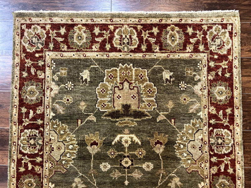 Indo Oushak Rug 4x6, Green and Maroon, Vintage Wool Floral Rug, Indian Agra Rug by Jewel Rugs