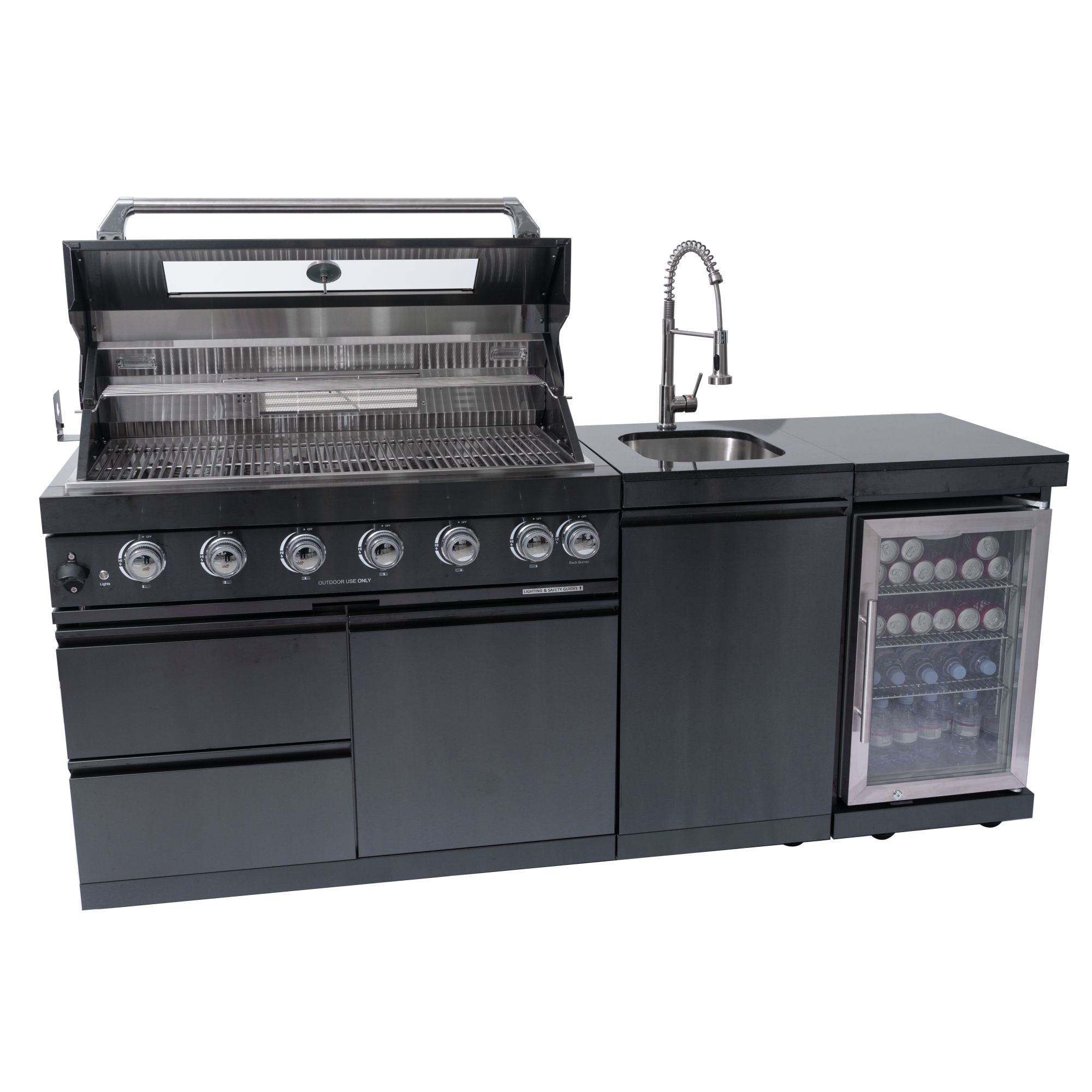 NG 85" 6-Burner 85,000 BTU Black Outdoor Kitchen Island Grill Refrigerator + Rotisserie Kit + Sink by Chery Industrial