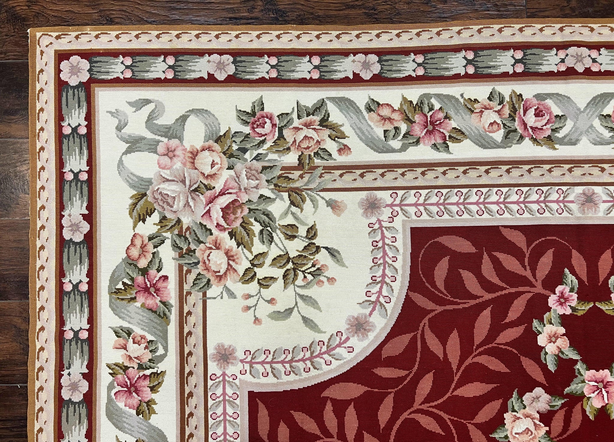 Wonderful Aubusson Rug 9x12, Handmade Vintage Needlepoint Carpet, Red and Ivory, Elegant European Design, Wool by Jewel Rugs