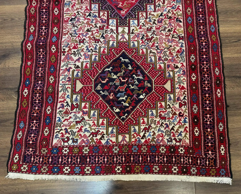Persian Soumak Kilim Rug 4x6, Triple Medallions Tribal Pictorials, Caucasian Azerbaijani Kilim by Jewel Rugs