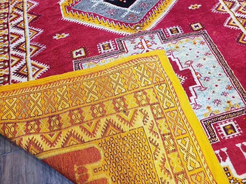 Vintage Moroccan Rug 6x10, Red and Yellow Moroccan Carpet, Handmade Bohemian Tribal Area Rug, Hand-Knotted 1970s Wool Rug, Medalions by Jewel Rugs