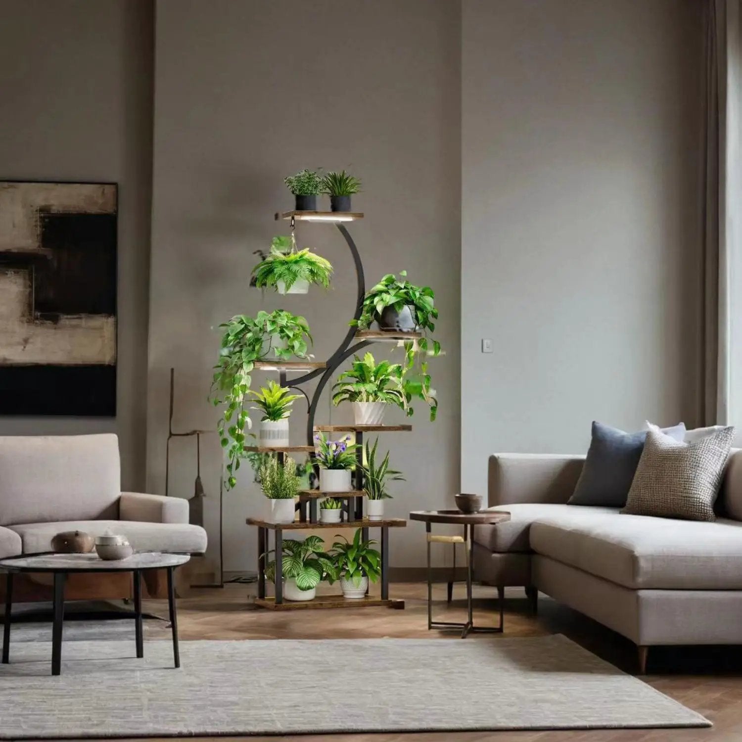 8 Tier Indoor Plant Stand With Grow Lights, S Shaped Metal Shelf For Multiple Plants - Black / Dark Walnut by Unique Piece Furniture