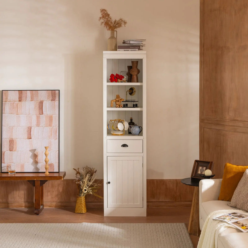 Retro Style 75'' Tall Display Shelf With Cabinet For Hallways Living Room Kitchen - White by Unique Piece Furniture