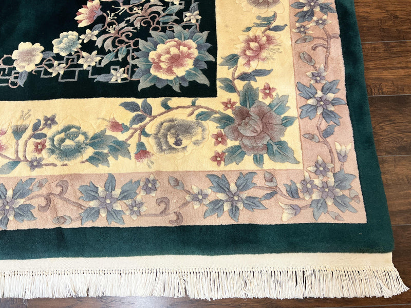 Chinese Art Deco Rug 9x12, Wool Hand Knotted Vintage Carpet, Dark Green & Cream, 90 Line Carving Rug by Jewel Rugs