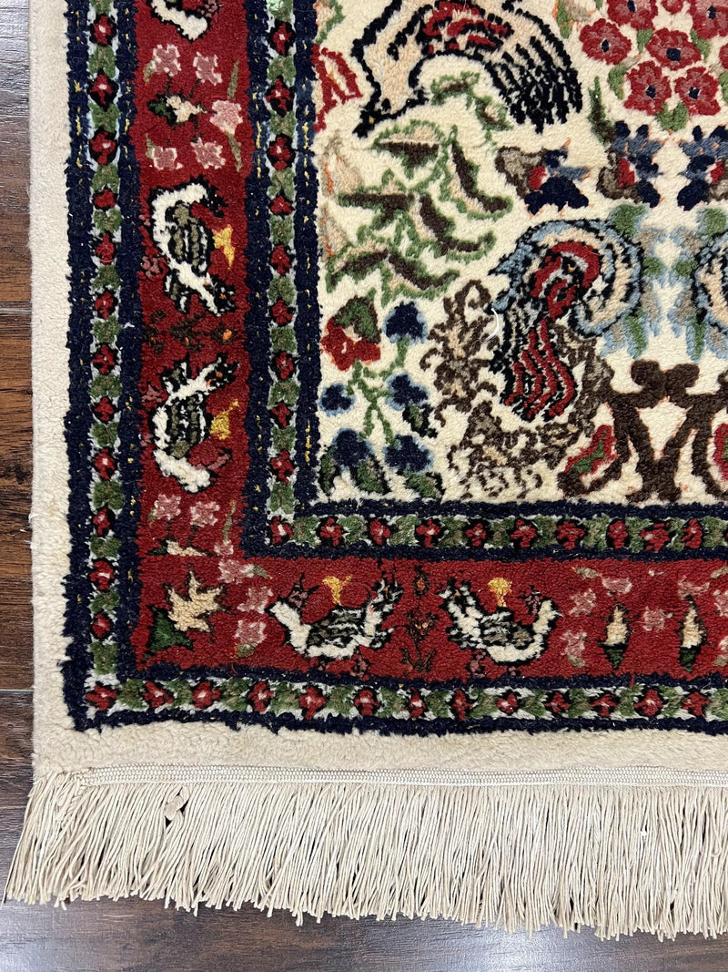 Small Indo Persian Rug 2x3 ft, Wool with Silk Highlights, Animal Pictorials, Birds by Jewel Rugs