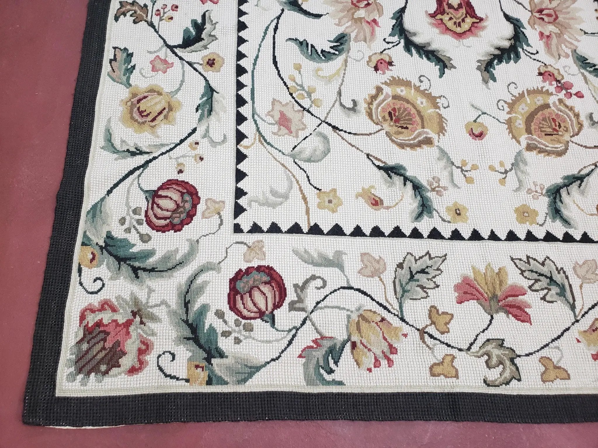 New Needlepoint Rug 9x12, Hand Woven Wool Area Rug, Flatweave Carpet, Handmade Chinese Needlepoint, Floral European Design, Ivory Background by Jewel Rugs