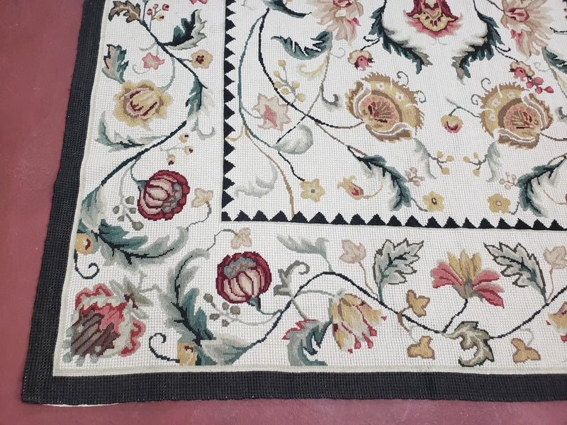 New Needlepoint Rug 9x12, Hand Woven Wool Area Rug, Flatweave Carpet, Handmade Chinese Needlepoint, Floral European Design, Ivory Background by Jewel Rugs