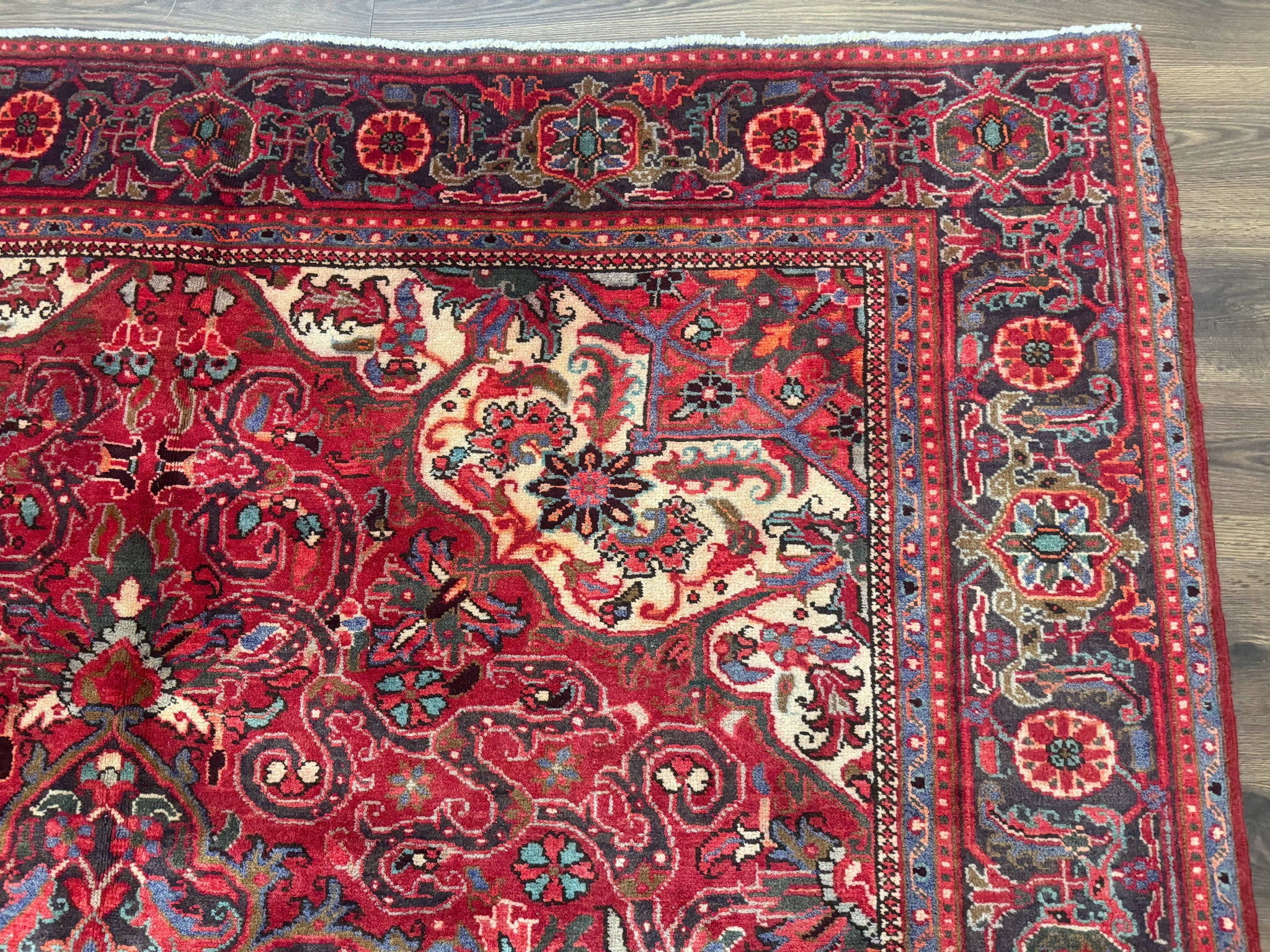 Persian Heriz Rug 7x10, Red and Navy, Geometric Medallion, Vintage Wool Carpet by Jewel Rugs