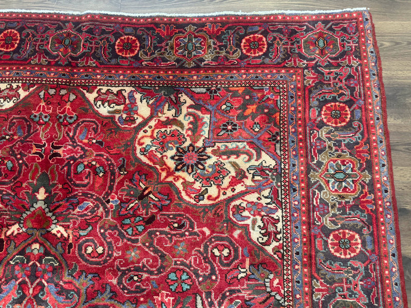 Persian Heriz Rug 7x10, Red and Navy, Geometric Medallion, Vintage Wool Carpet by Jewel Rugs