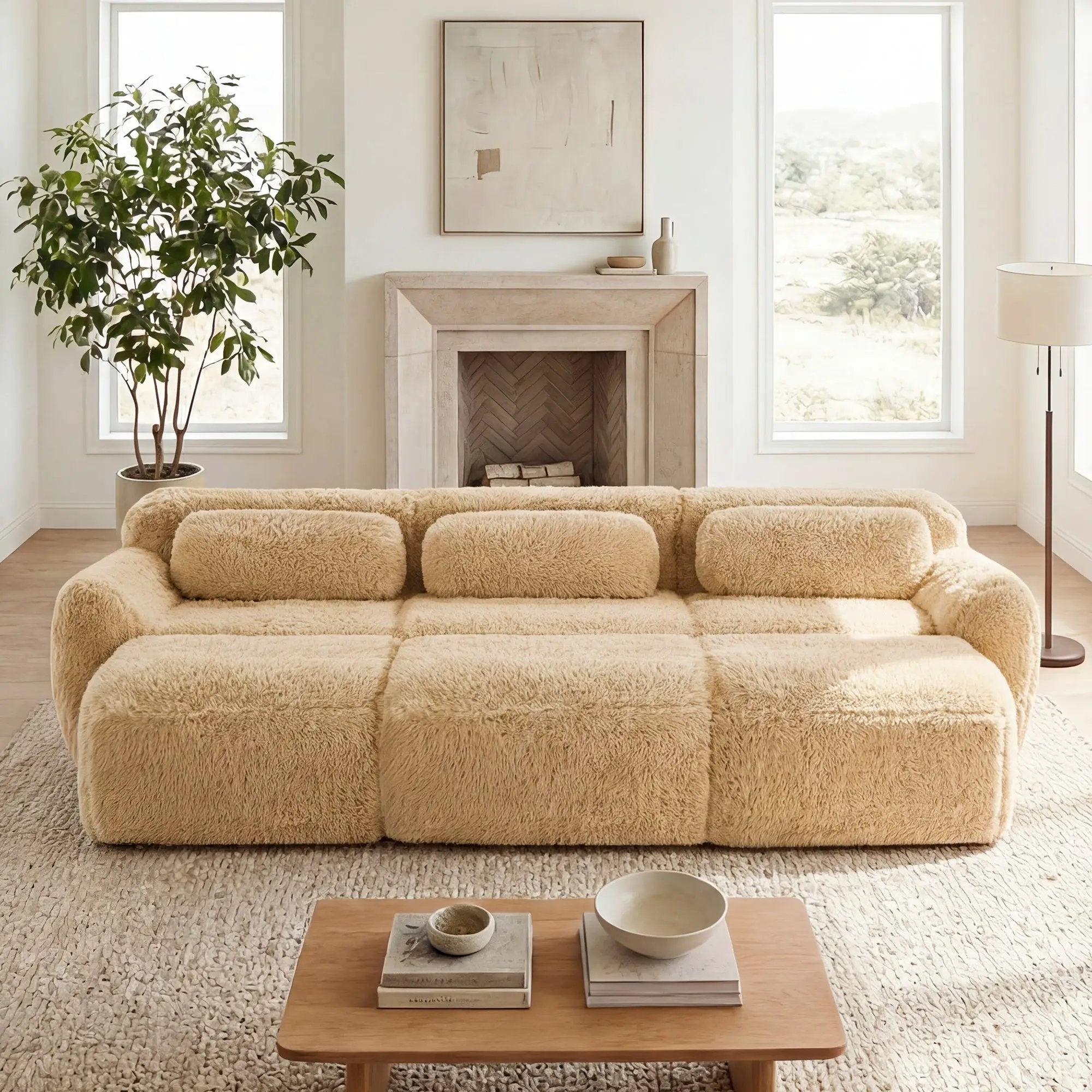 3-Seater Soft Plush Fabric Sofa With Movable Ottoman by HouseOfZazla