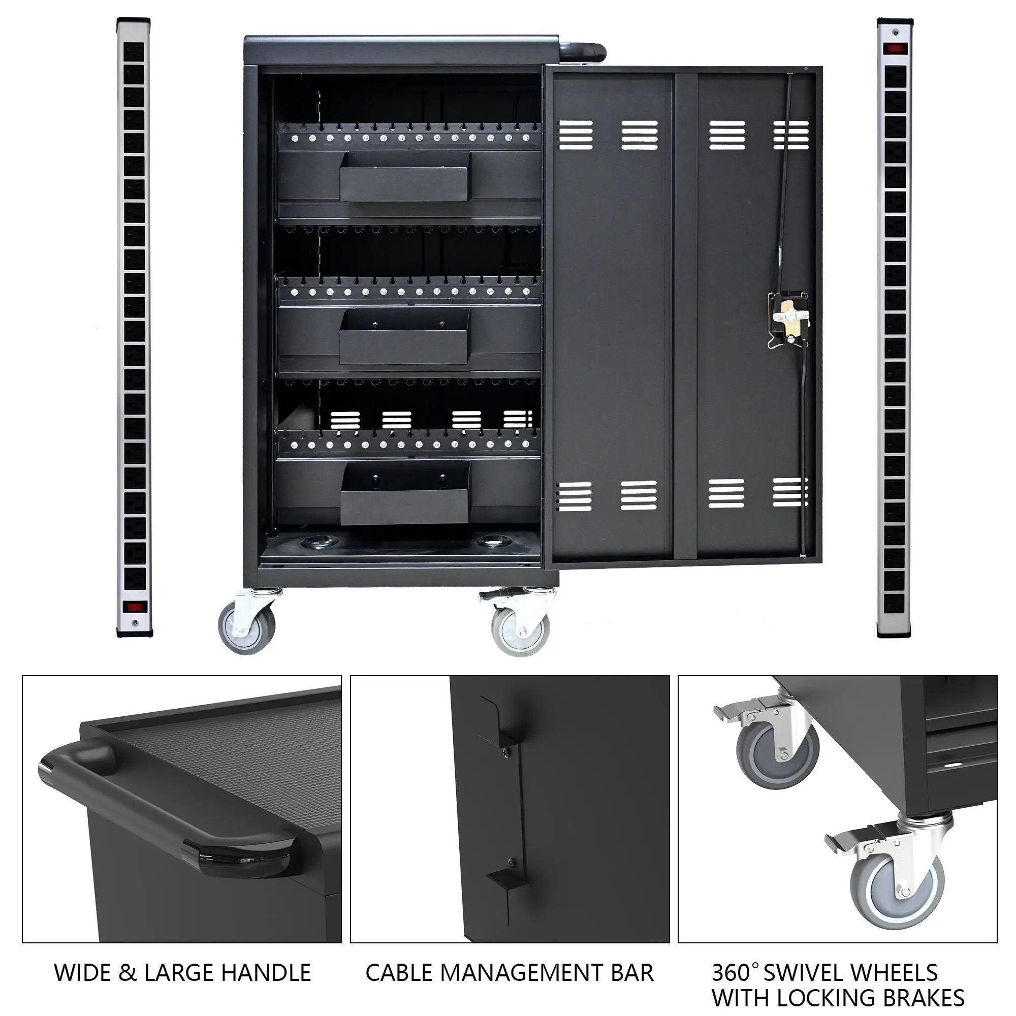45 Bay Mobile School Charging Cart Station For Chromebook, Tablet And Laptop Computer With Power Strip Included - Black by HouseOfZazla