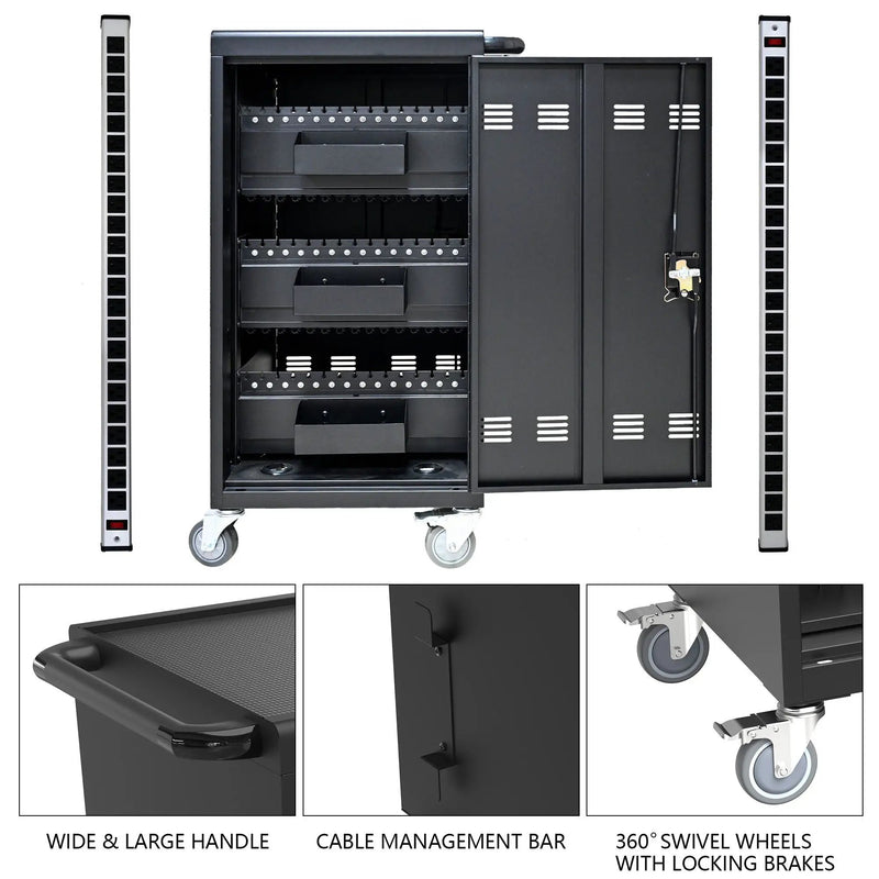 45 Bay Mobile School Charging Cart Station For Chromebook, Tablet And Laptop Computer With Power Strip Included - Black by HouseOfZazla