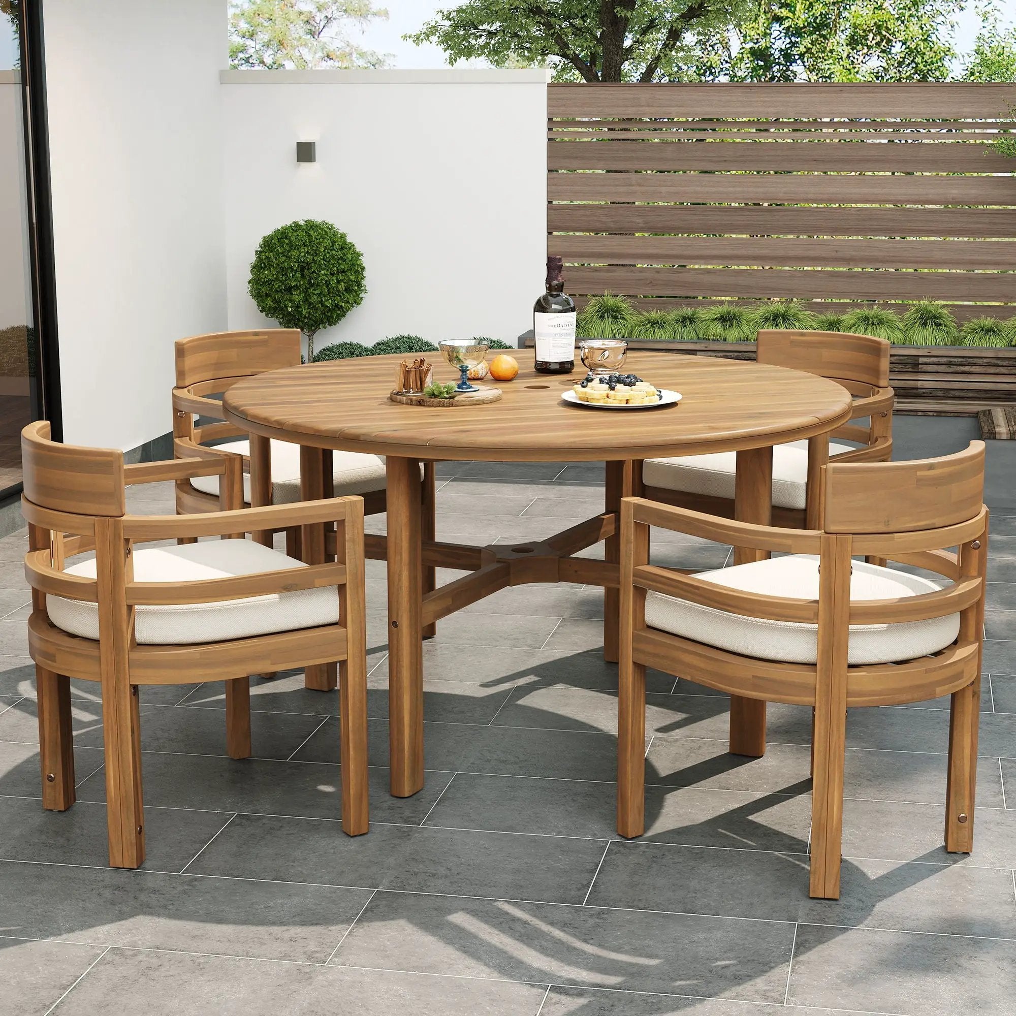 5 Piece Round Patio Table & Cushioned Armrest Chairs, Outdoor Dining Set With Umbrella Hole by HouseOfZazla