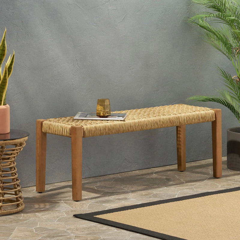 Angie Bench Outdoor Seating Acacia Wood Faux Rattan - Teak by HouseOfZazla
