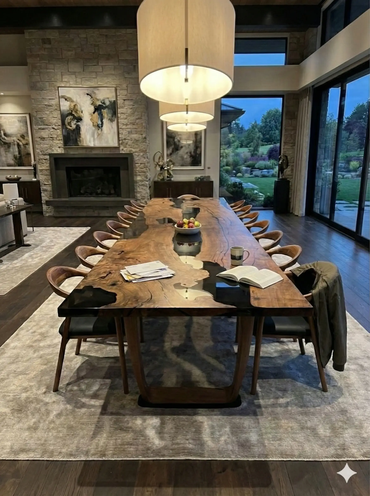 Epoxy Resin River Dining Table Featured Walnut Wood Leg, photo 11 of 16