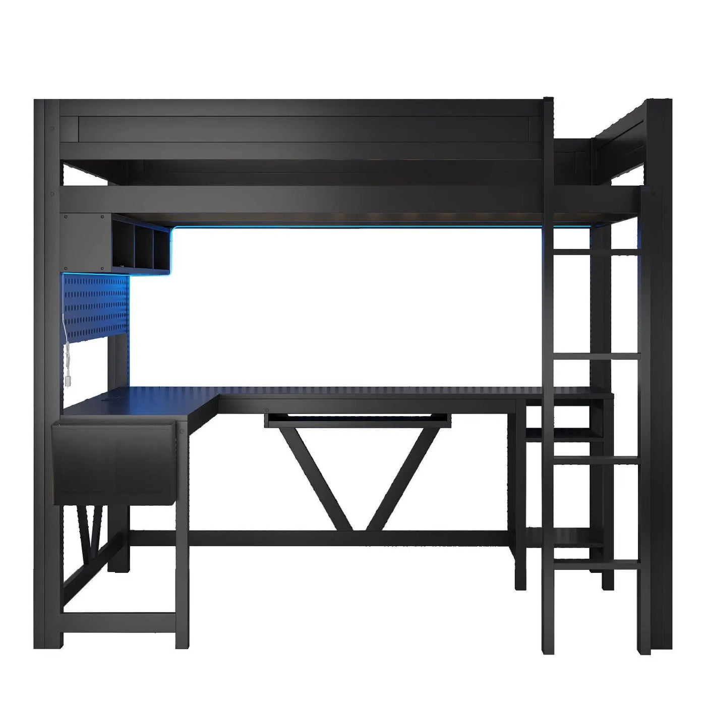 Gaming Loft Bed With Desk, Storage Shelves, LED And Charging Station by HouseOfZazla