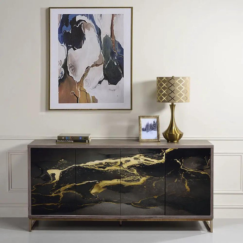 Payo - Console Cabinet - Black Marble Print Oak & Champagne by Unique Piece Furniture