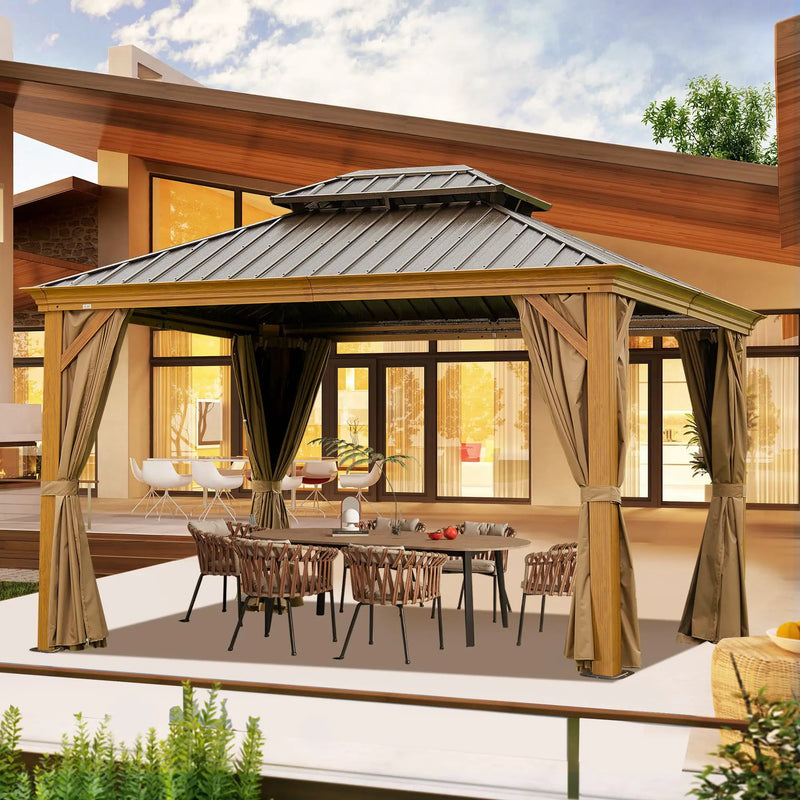 10' x 14' Hardtop Gazebo with Galvanized Steel Double Roof and Wood Grain Frame by HouseOfZazla
