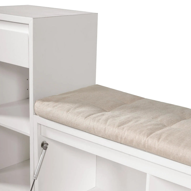 Entryway Storage Bench With Cushion, Drawers & Open Shelves
