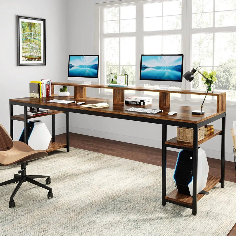 2 Person Desk With Monitor Stand, Long Office Workstation With Dual Storage Shelves And Frame - Brown / Black by HouseOfZazla