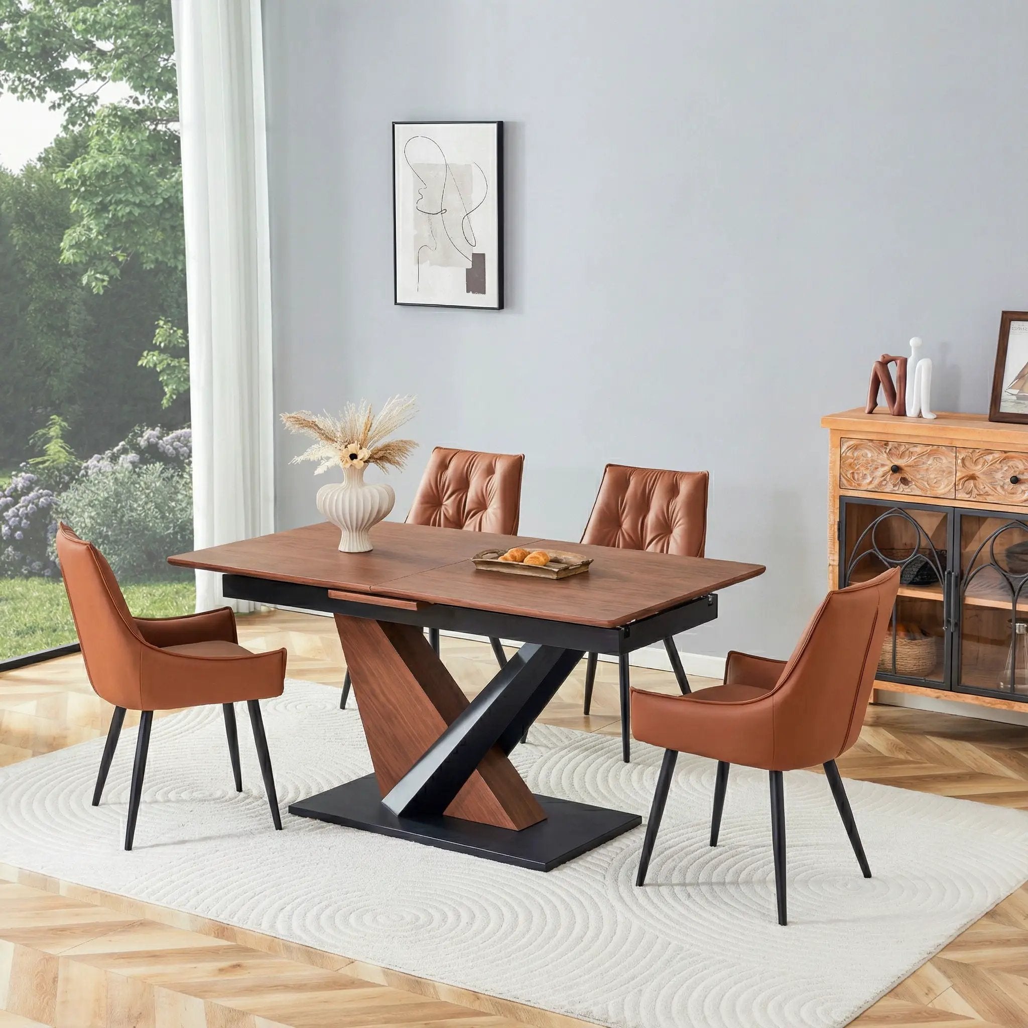 Dining Table, Scratch Resistant, Cross Geometric Legs For Kitchen & Dining Room - Dark Walnut by Unique Piece Furniture