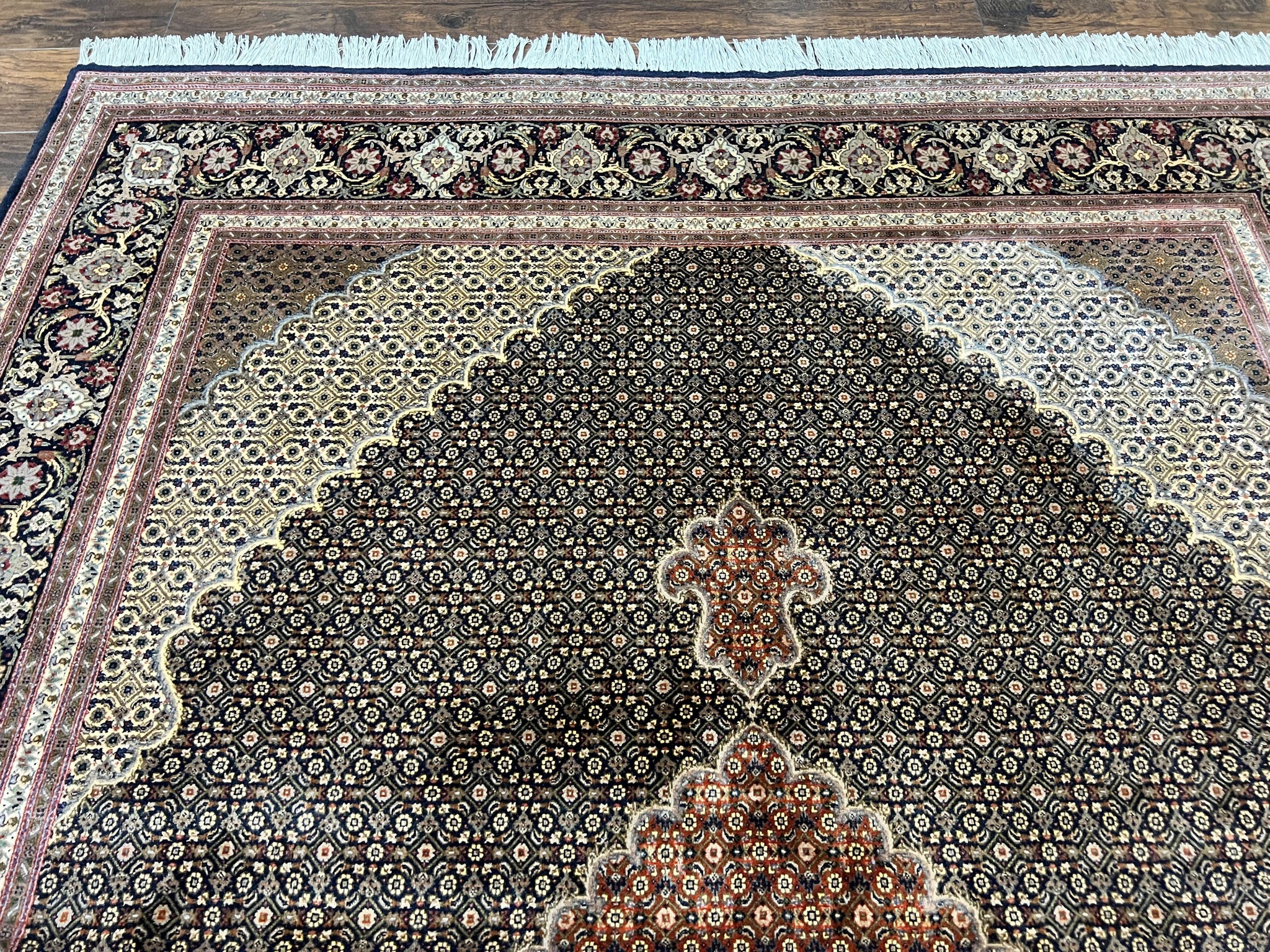 Persian Tabriz Rug 7x10, Very Fine 330 KPSI 50 Raj, Black and Beige, Handmade Wool Vintage Persian Carpet by Jewel Rugs