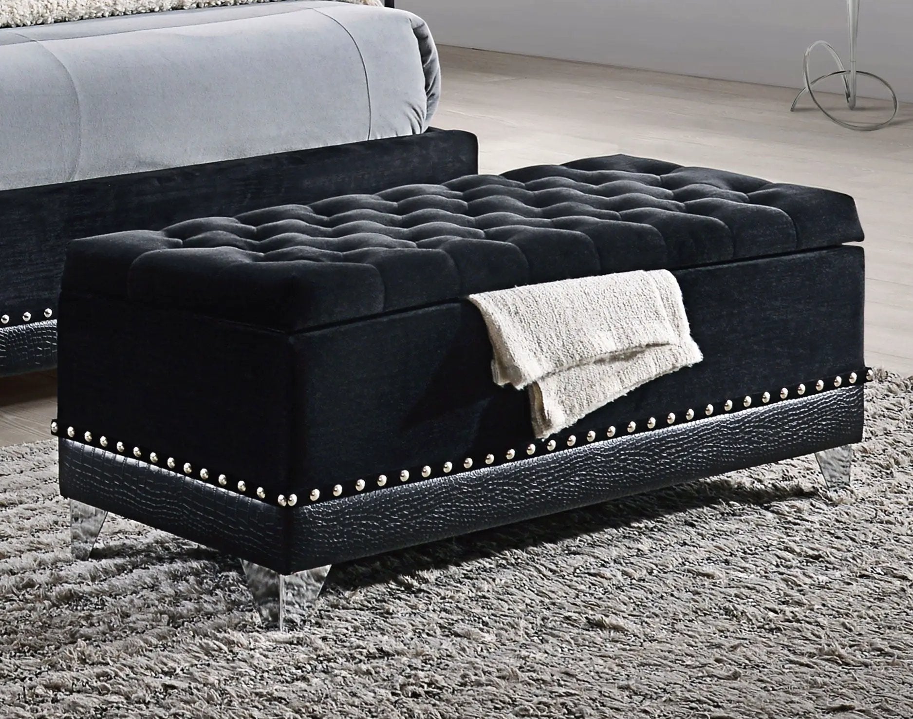 Barzini Velvet Upholstered Tufted Storage Bench Black by Unique Piece Furniture
