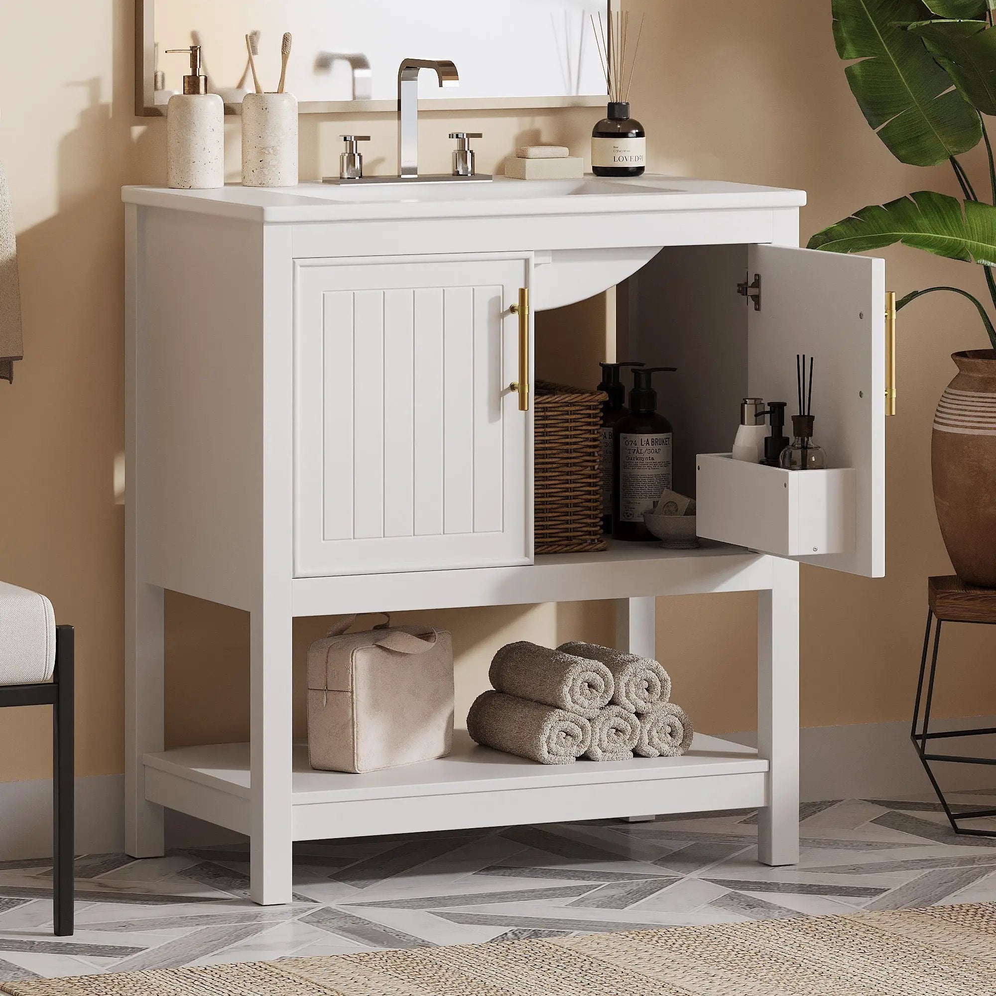 Elegant Bathroom Vanity With Ceramic Sink And Versatile Storage by Unique Piece Furniture