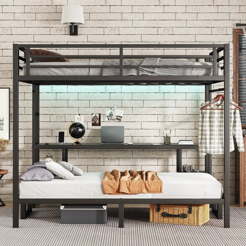 Queen Over Twin XL Metal Bunk Bed with Desk and Shelves by HouseOfZazla