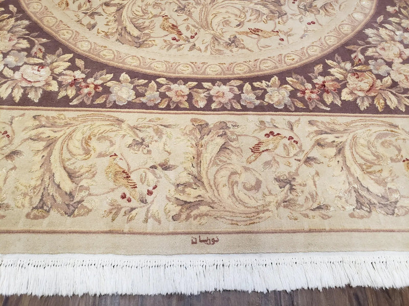Chinese Aubusson Savonnerie Area Rug 8x12, Vintage 120 Line Carpet, Wool and Silk Hand-Knotted, Birds Flowers Master Weaver Signature by Jewel Rugs