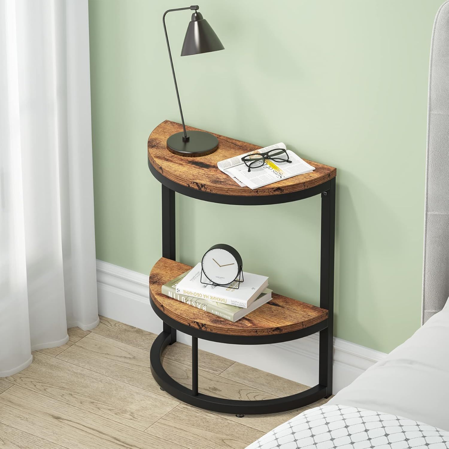 Slim Half Moon 2 Tier Semi Circle End Table, Wide Storage For Living - Rustic Brown