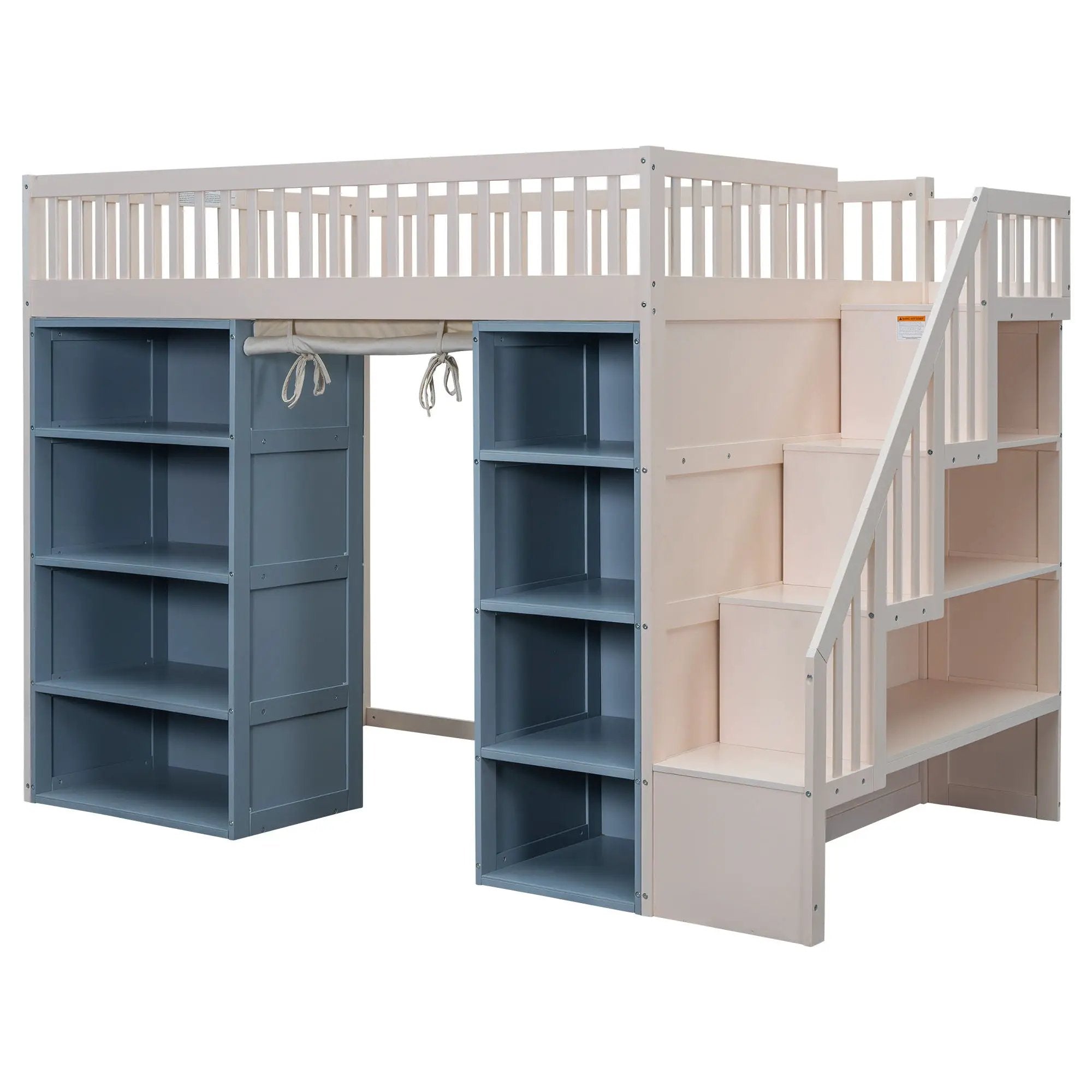 Full Size Loft Bed With 2 Four Layer Storage Cabinets And Curtain With Built In Staircase And Privacy Curtain - White by HouseOfZazla