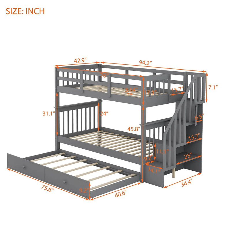 Stairway Bunk Bed With Storage And Guard Rail For Bedroom by HouseOfZazla