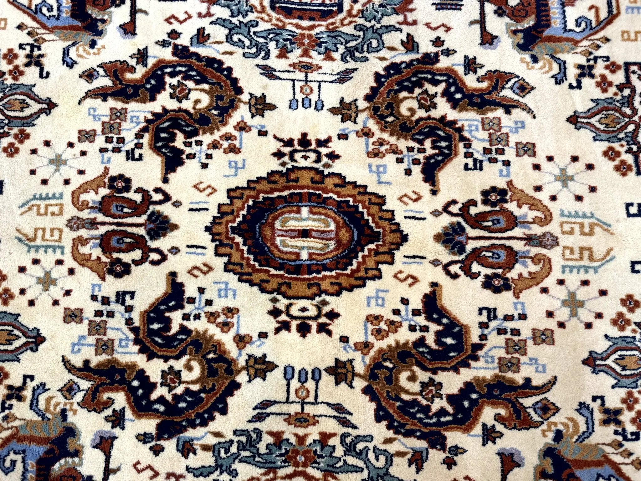 Indo Chinese Wool Rug 9x12, Ivory and Rust Red, Dragon Motifs by Jewel Rugs