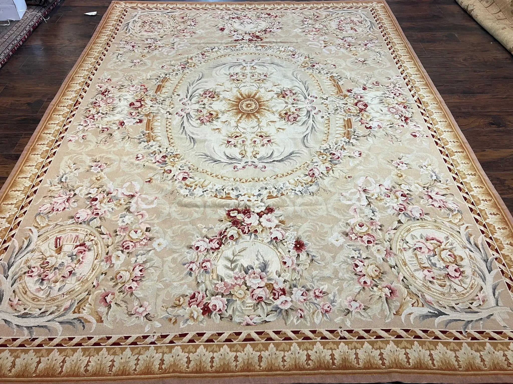 Aubusson Rug 9x12, Elegant Savonnerie Carpet 9 x 12 ft, Beige Ivory Tan, Floral, Flatweave Wool Handmade Area Rug 9 x 12 ft, European French by Jewel Rugs