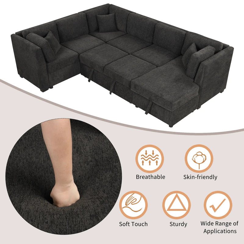 U-Shaped Sectional Sofa Pull Out Sofa Bed With Two USB Ports, Two Power Sockets, Three Back Pillows And A Storage Chaise For Living Room by HouseOfZazla