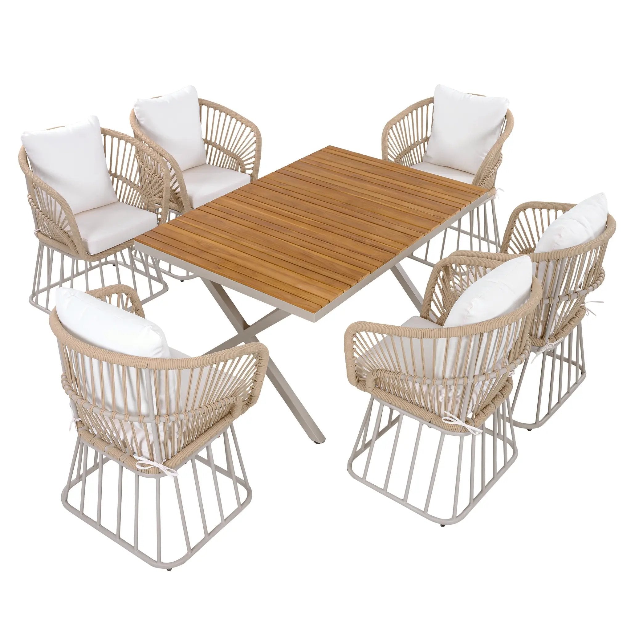 Outdoor 7-Piece Dining Set - Rectangular Teak Wood Table + 6 Wicker Chairs with Cushions by HouseOfZazla