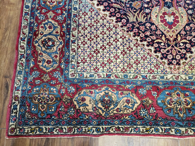 Antique Persian Tehran Rug 5x8, Midnight Blue and Red, Hand-Knotted, Wool by Jewel Rugs